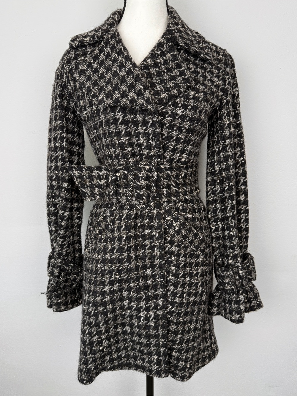 Armani Exchange Size XS Black Cream Houndstooth Wool Alpaca Belted Coat